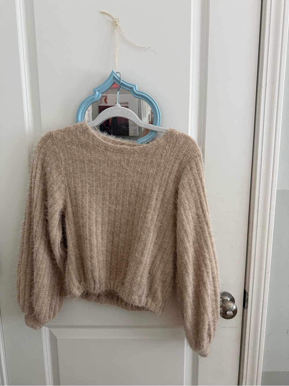 Altar'd State Fuzzy Cropped Crewneck Sweater in Beige